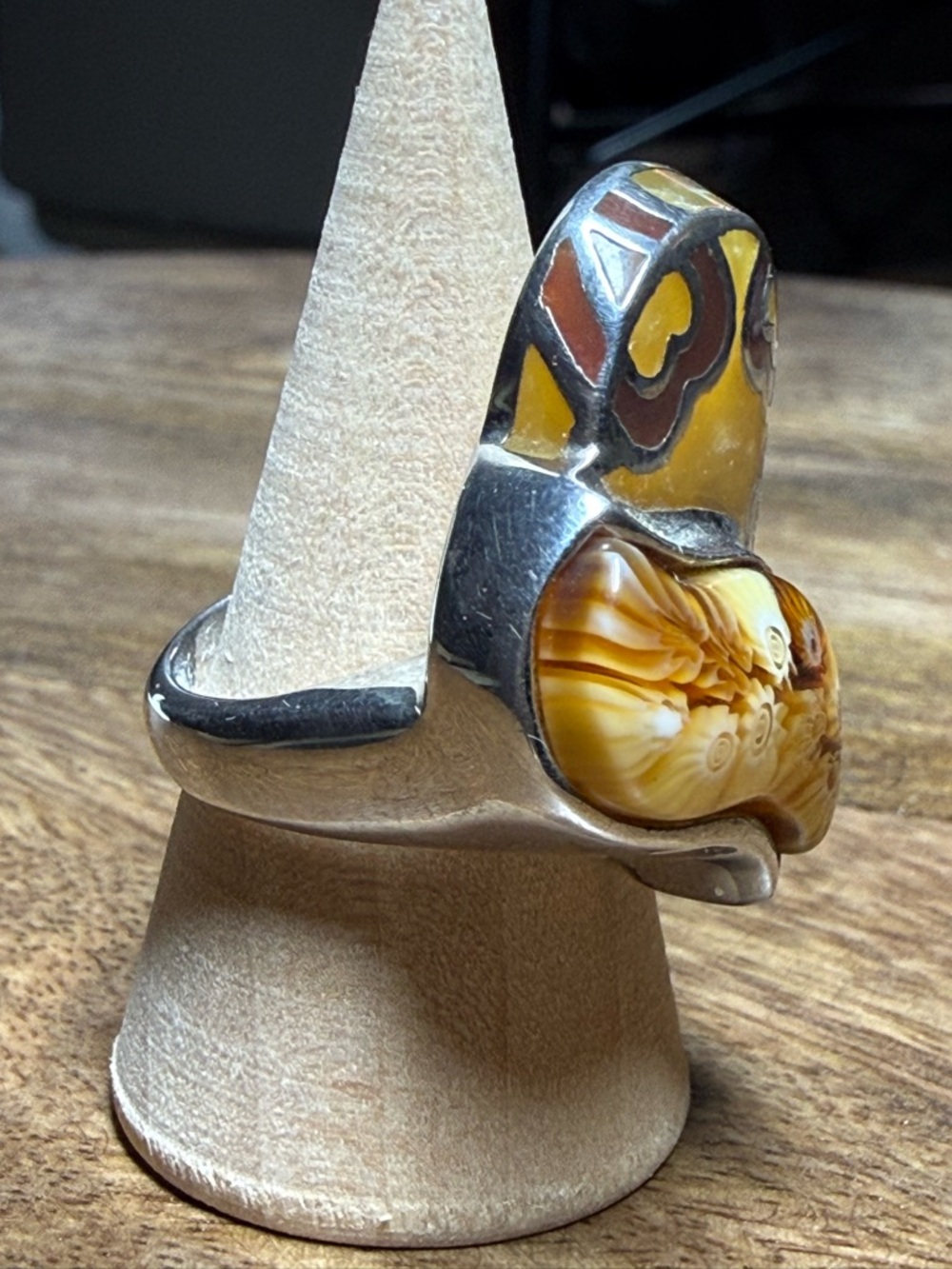 Alan K Yellow and Brown Mosaic Glass Heart Glass Floral sterling Ring - Picture 2 of 2